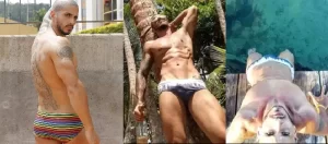 tres modelos usando traje de baño para hombre